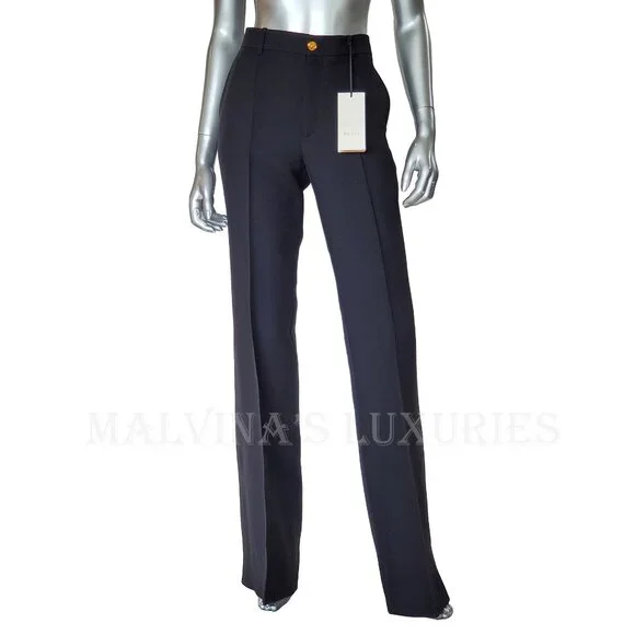 GUCCI PANTS BLACK SILK WOOL CREASED TROUSERS w LOGO BUTTON sz IT 44 US 8 - Picture 4 of 14